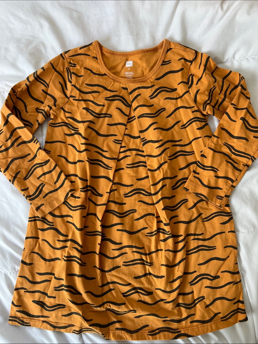 Tea Collection Kids 5 Cotton Orange and Black Tiger-Print Long Sleeve Dress